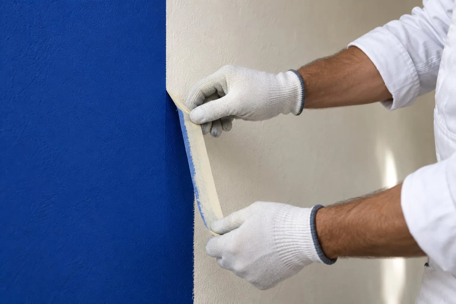 Nahaufnahme präziser Malerarbeit an einer Wandkante