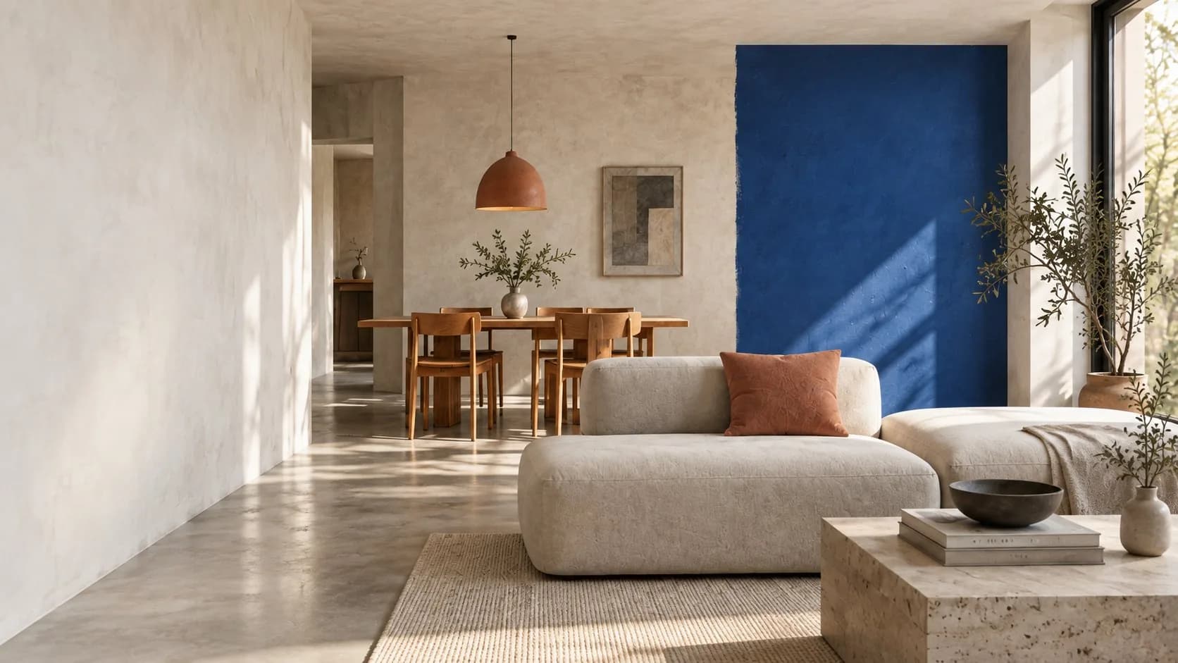Frisch gestalteter, moderner Wohnraum mit warmer Lichtstimmung